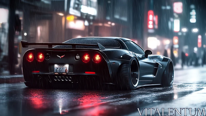 Sleek sports car glows under neon rain on a wet city street