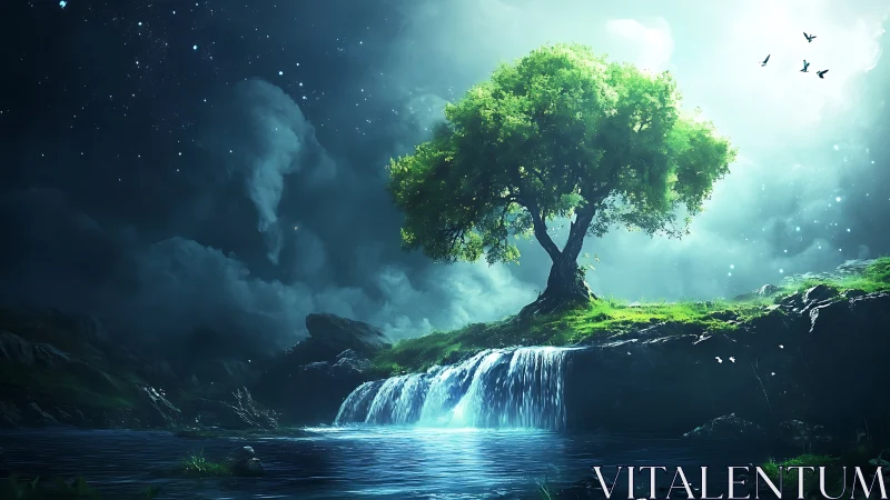 Lone illuminated tree above small waterfall at night.