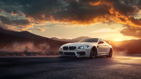 Sleek white sports car glides across a misty sunset highway