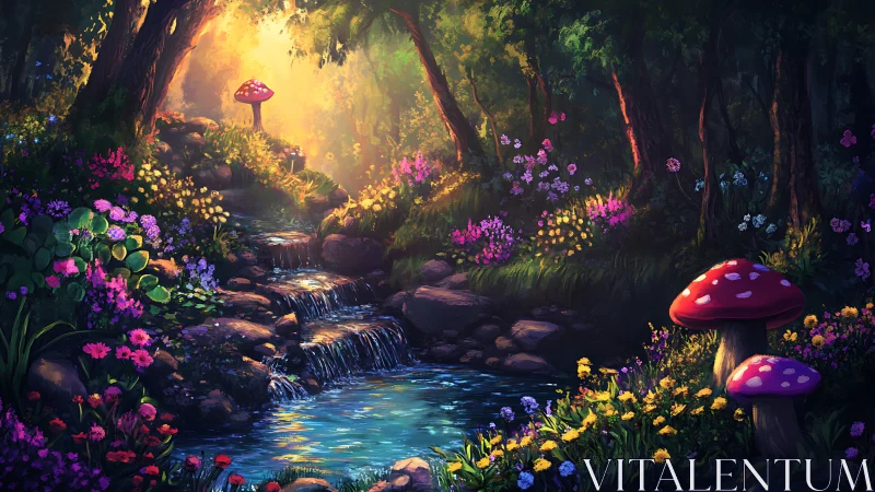 Enchanted Forest Stream with Bioluminescent Mushrooms.