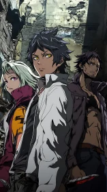 Fierce anime trio standing tall in a crumbling city street.