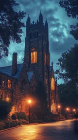 Gothic stone tower and walkway under evening street lighting.