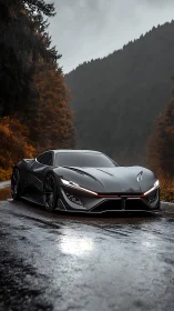 Futuristic hypercar stands on wet forest road under overcast sky
