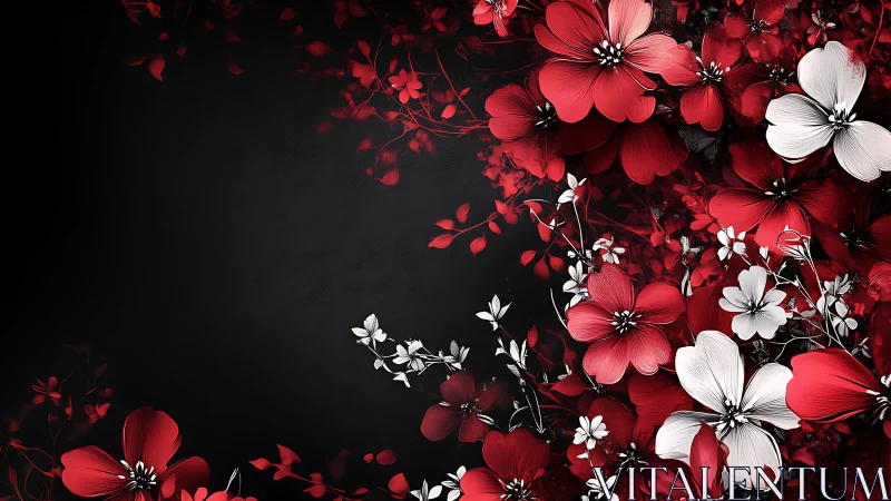 Red White Flowers Against Black. Artistic Floral Design.