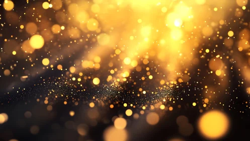 Abstract golden bokeh lights with glowing particles on dark background.