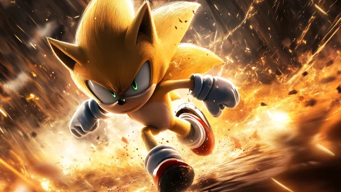 Golden hedgehog character sprints through fiery explosion