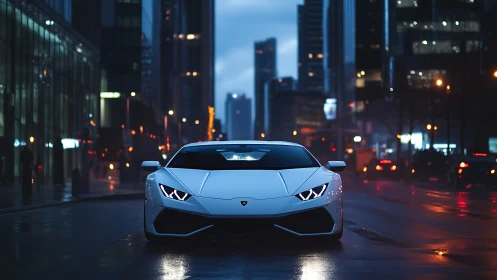 White sports coupe on wet city street at dusk, front view.