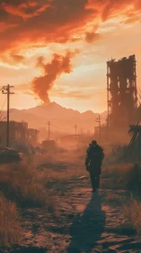 Solitary armored figure in derelict urban roadway at dusk.