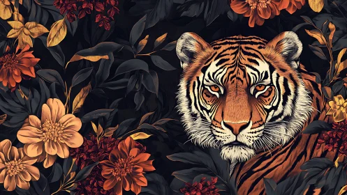 Tiger portrait framed by dark foliage and copper florals.