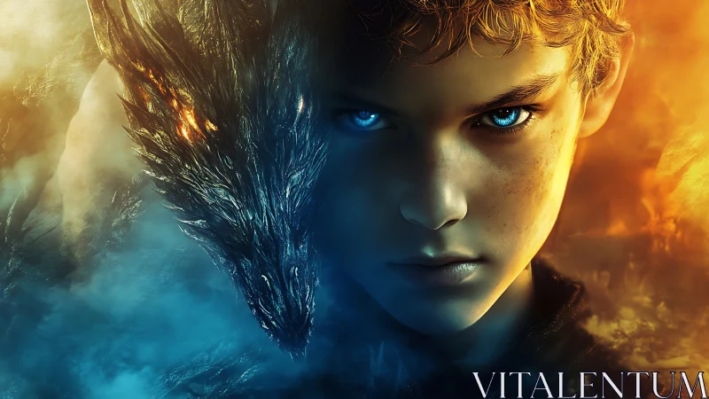 Boy merged with dragon head in fiery and icy contrast scene
