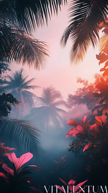 Dreamy tropical sunrise glowing through misty jungle palms.