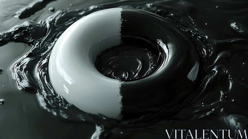 Monochrome torus sinking into viscous reflective black fluid