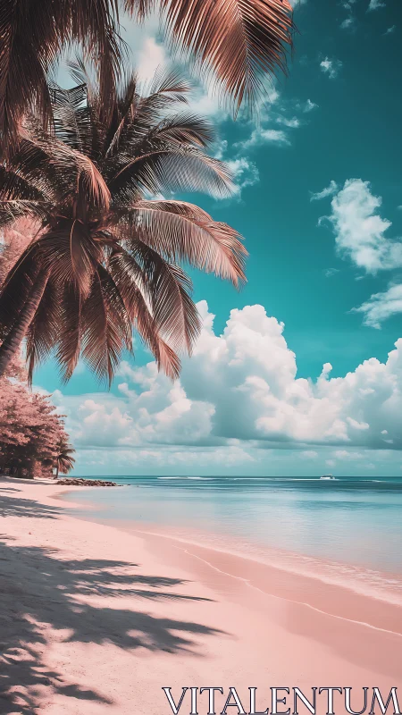 Tropical Paradise Beach with Palm Fronds Under Turquoise Sky.