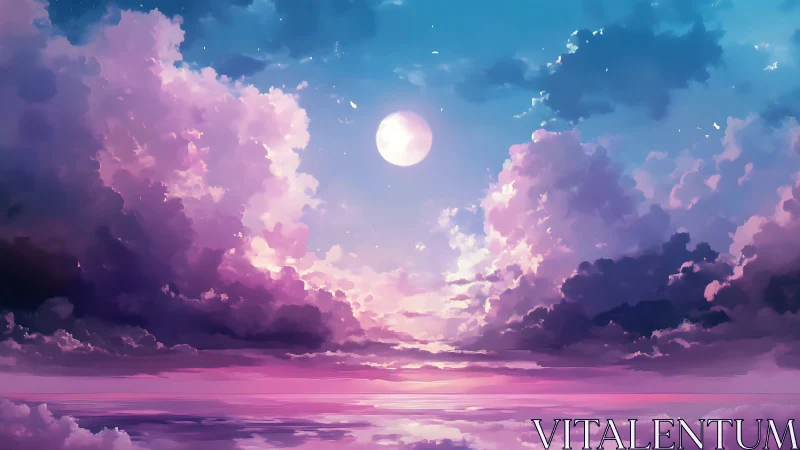 Moonlit pastel clouds over reflective dreamlike horizon.
