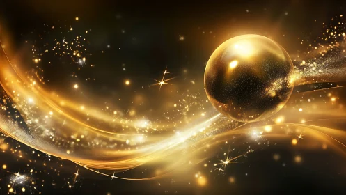 Golden energy sphere amid swirling cosmic light field.