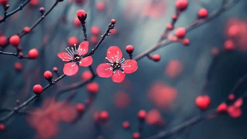 Red Blossoms and Buds on Dark Branches