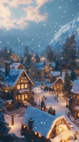 Snowy mountain village glows softly with warm winter lights