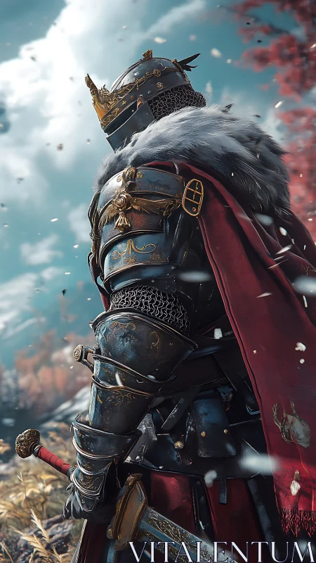 Armored monarch in ornate plate harness under stormlight.