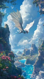 White winged dragon over vertical coastal fantasy valley.