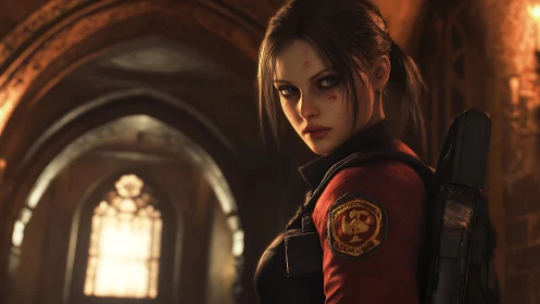 Battle-scarred heroine stalks shadows of a burning cathedral.