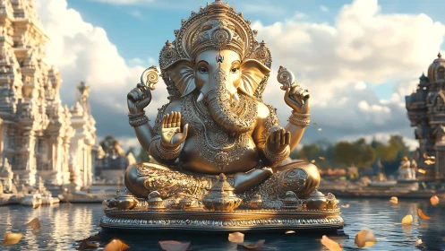 Golden Ganesha sculpture in temple water courtyard at dusk.