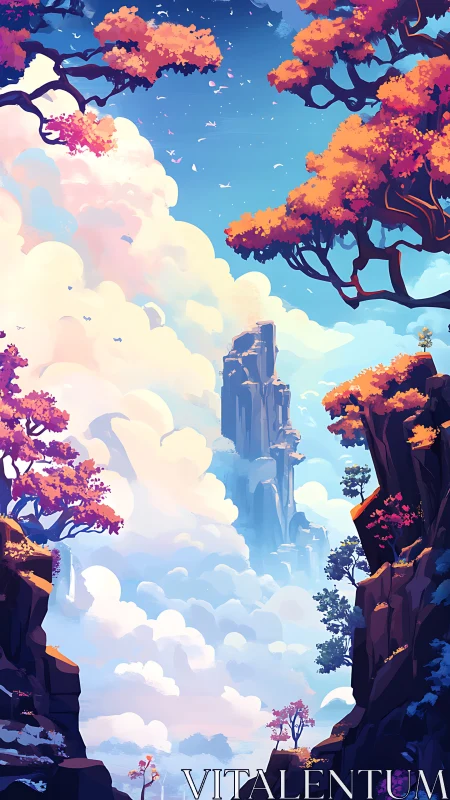 Vertical fantasy canyon with clouds and autumn trees.