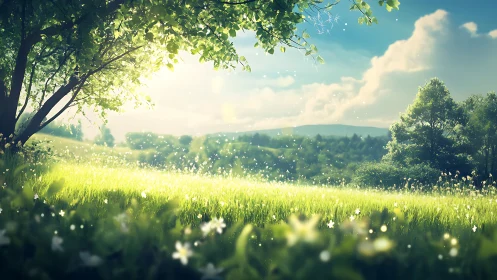 Sunlit meadow glows beneath lush trees and drifting pollen.