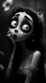 Gothic doll-like bride stares wide-eyed in dark wonder.