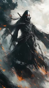 Spectral katana wraith in tattered cloak amid burning storm