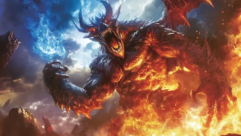 Infernal fire demon roaring amid blazing elemental storm.