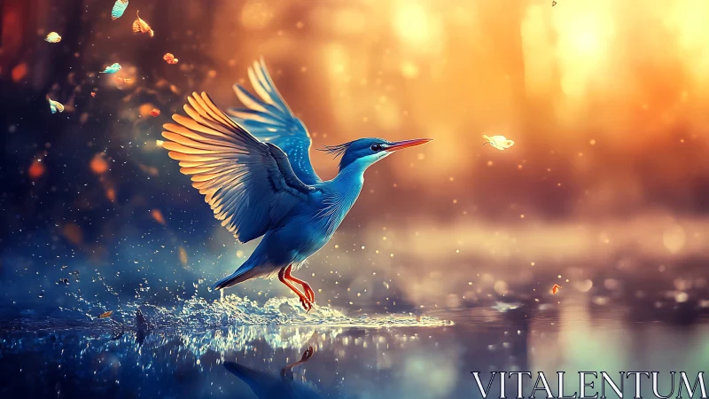 Iridescent blue bird rises through glowing sunset mist.
