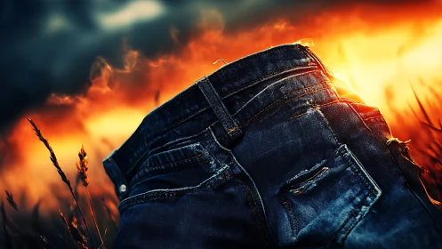Worn denim jeans back view set against intense sunset light