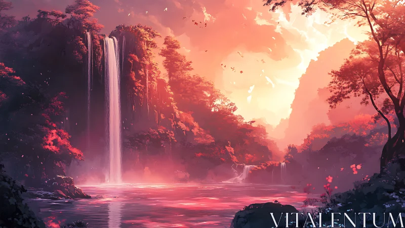 Crimson waterfalls pour daylight into a dream-bright valley