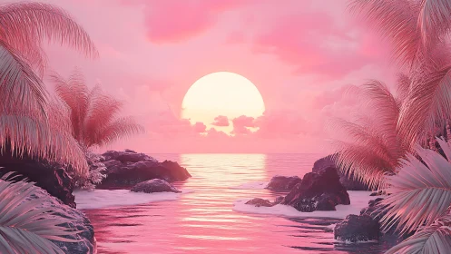 Neon pink tropical sunset illuminates tranquil rocky lagoon