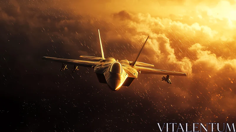 Stealth fighter jet cutting through storm-lit golden clouds.