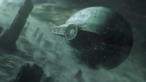 Monolithic spherical starship hovers above decayed megastructures