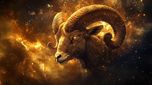 Celestial ram portrait glowing in golden cosmic nebula.