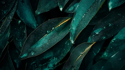Macro study of teal foliage with dewdrops, low-key lighting.