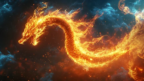 Starborne fire dragon coils through nebulae in blazing grace