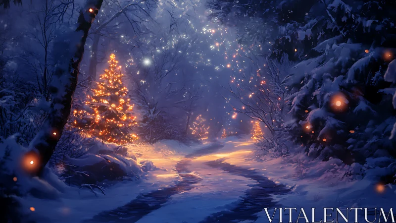 Snow-laden forest path illuminated by warm bokeh-lit fir trees