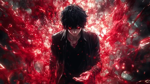 Dark-haired antihero channels crimson energy in explosive aura