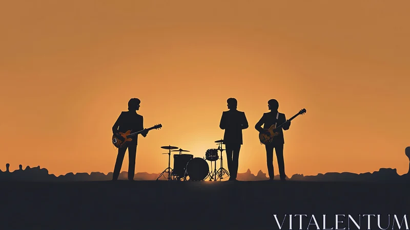 Silhouette band ignites a sunset stage on the horizon line.