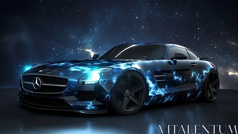 Star-splashed supercar prowling a neon-soaked cosmic highway.