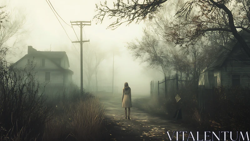 Solitary figure on foggy rural road between old houses.