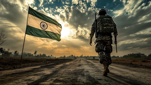 Indian soldier strides toward sunrise beside proud flag