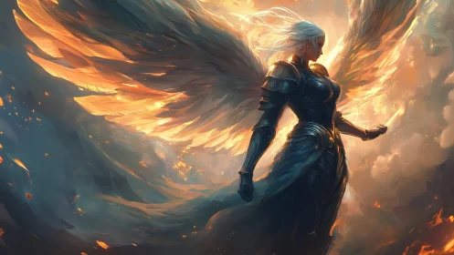 Armored seraphim silhouette commands blazing, backlit wings