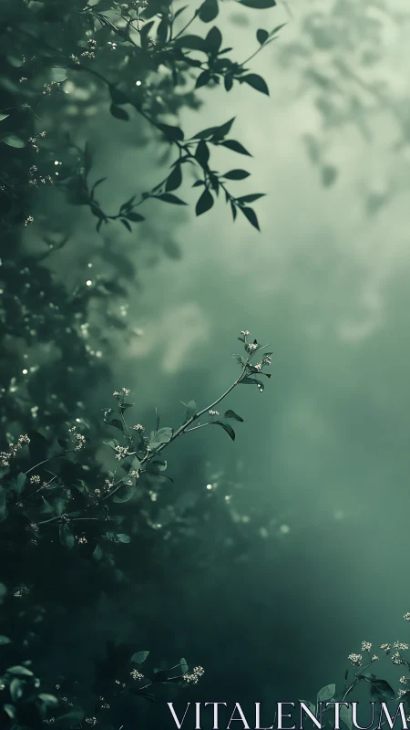 Mist-drenched branches lean softly into a dreamlike hush