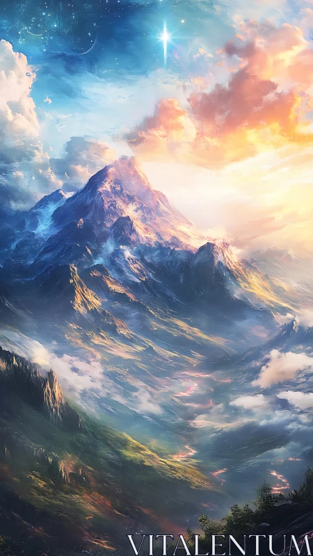 Starlit alpine peak rises above glowing celestial valley