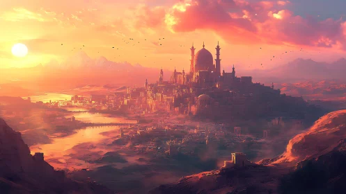 Sun-drenched desert citadel dreaming over riverlight.