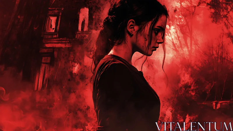 Haunting red portrait of a lone woman in eerie silence.